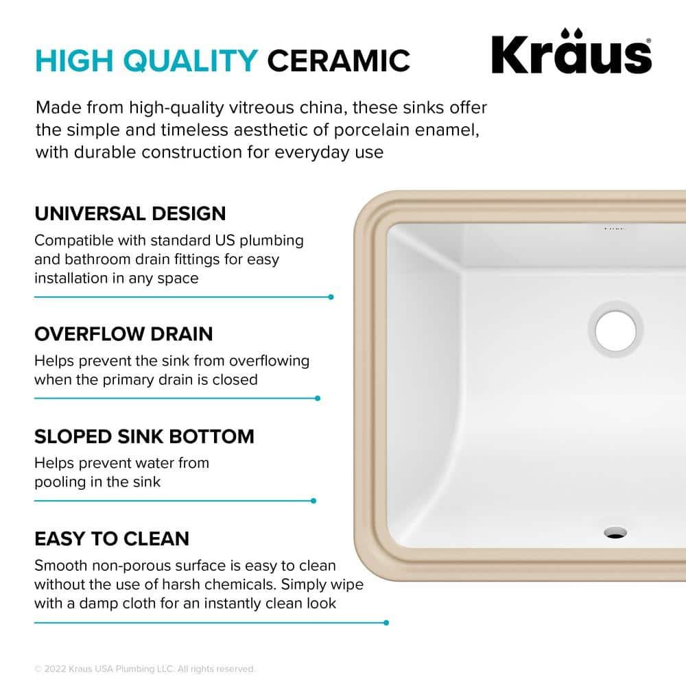 KRAUS Elavo. Rectangular Porcelain Ceramic Undermount Bathroom Sink In White With Overflow Drain, KCU-244