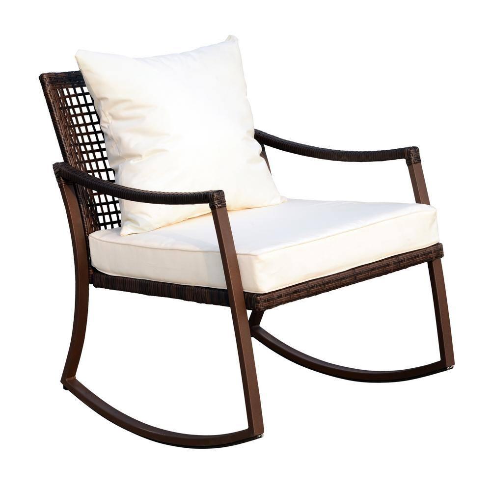 Outsunny 3-Piece Bistro Set Outdoor Wicker Furniture Set with Rattan Rocking Chair, Side Table for Patio Backyard Garden and Balcony