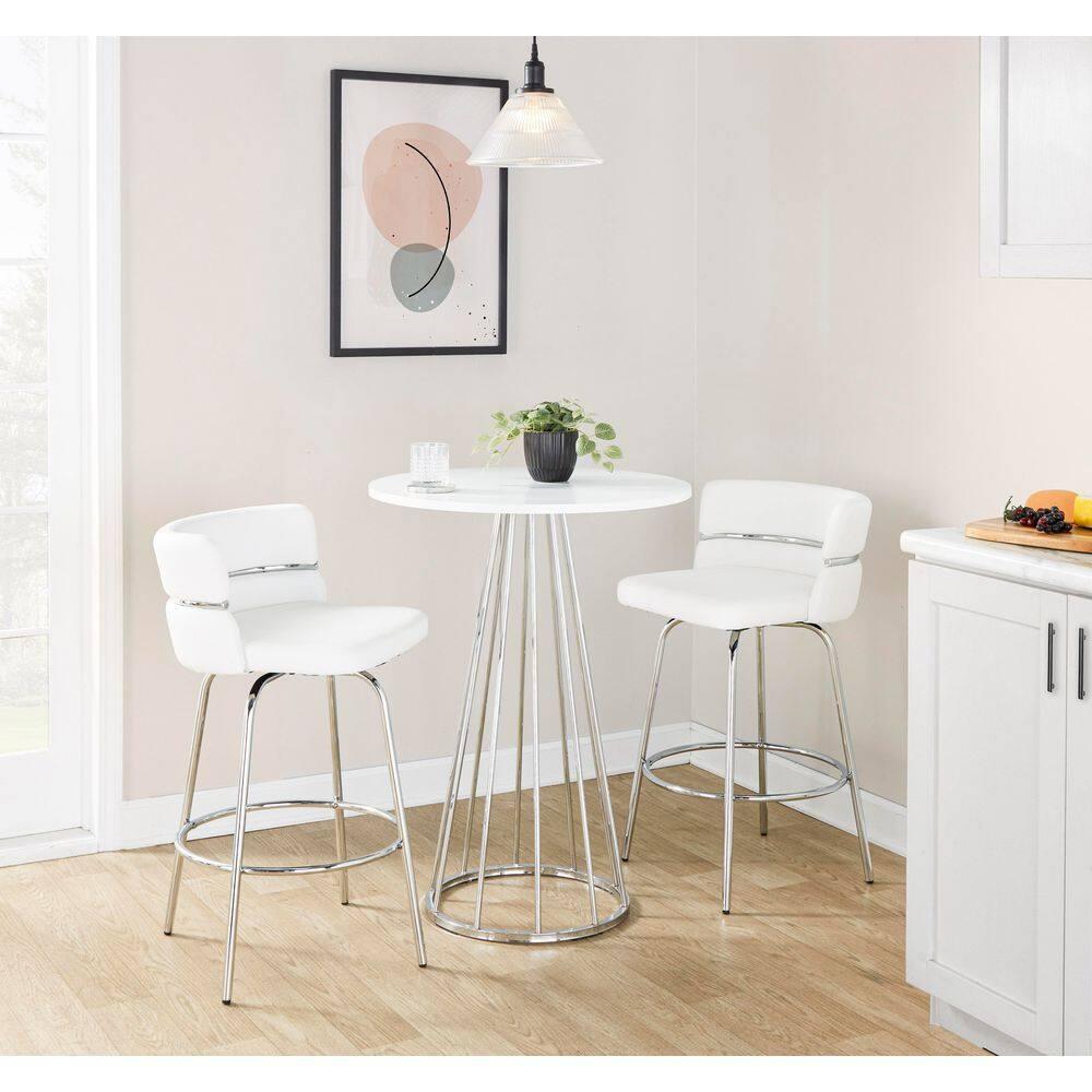 Set of 2 Cinch-Claire Counter Height Barstools Chrome/White - LumiSource: Metal Frame, Swivel Seat, Velvet Upholstery, Footrest