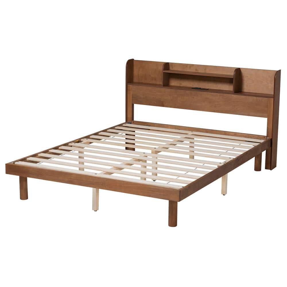 Baxton Studio Harper Mid-Century Modern Transitional Walnut Brown Finished Wood Queen Size Platform Bed with Charging Station