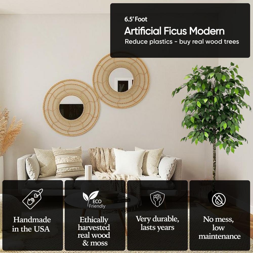 Cypress & Alabaster | Handmade Modern Style 6.5' Artificial Ficus Tree In Home Basics Plastic Pot Made With Real Wood And Moss Accents