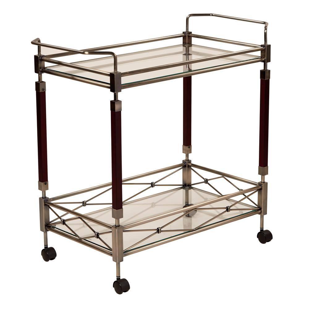 Melrose Serving Cart Antique Brass - OSP Home Furnishings: Mid-Century Glass Top, Metal Frame with Casters