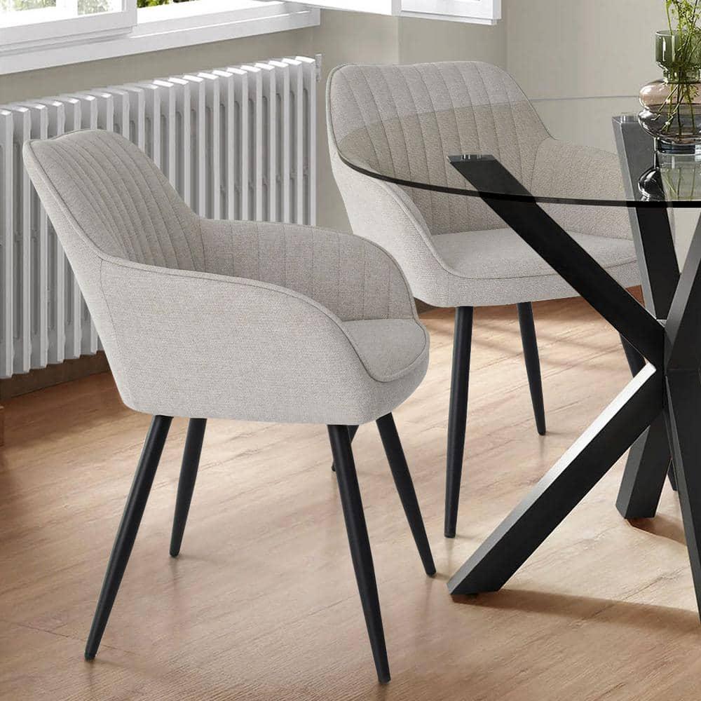 Boston Fabric Dining Chairs Set Of 2,Durable Beige Upholstered Armrest Dining Chairs,Dining Chairs with Backrest and Metal Legs-Maison Boucle