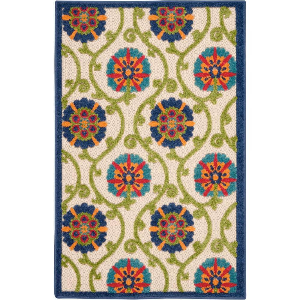 Nourison Aloha Contemporary Floral Flatweave High-Low Indoor Outdoor Area Rug Blue/Multicolor 2'8" x 4'