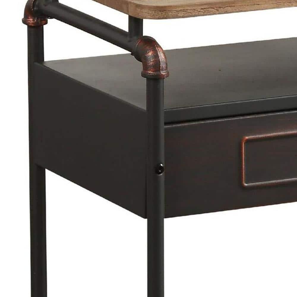 Industrial Pipe Detailed Nightstand With One Drawer And One Shelf, Antique Oak and Sandy Grey- Saltoro Sherpi