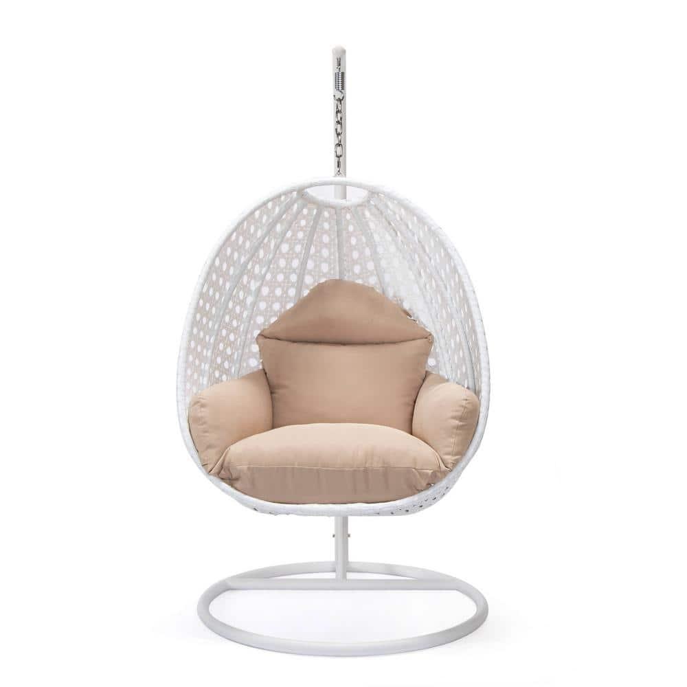LeisureMod White Wicker Indoor Outdoor Bedroom Patio Hanging Egg Swing Chair with Stand and Cushion Beige