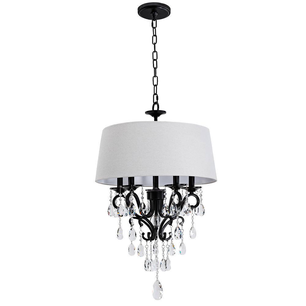 18 in. 5-Light Blackened Bronze Crystal Chandelier with Fabric Shade