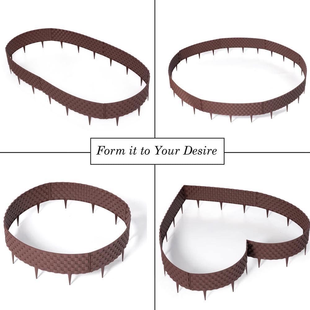 Gardenised Set of 8 Pcs Rattan-Inspired Plastic Landscape Edging and Garden Fence Borders in a Rich Coffee Hue for Lawn, Outdoor Patio, Garden