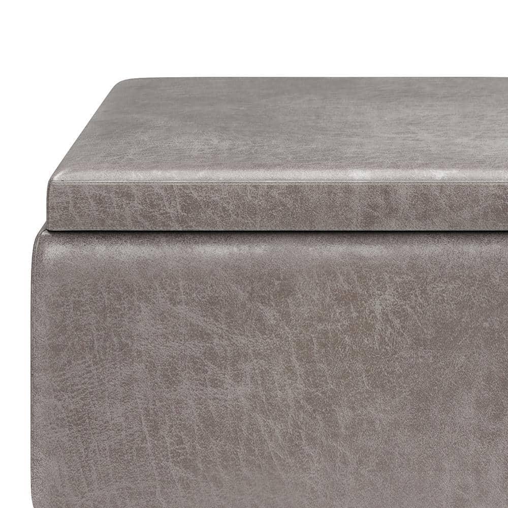 Simpli Home Owen 34"W Small Upholstered Coffee Table Storage Ottoman with Flip-Over Tray Top and Solid Wood Legs