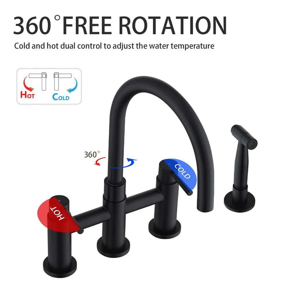 Double Handle Bridge Kitchen Faucet with Side Sprayer in Matte Black