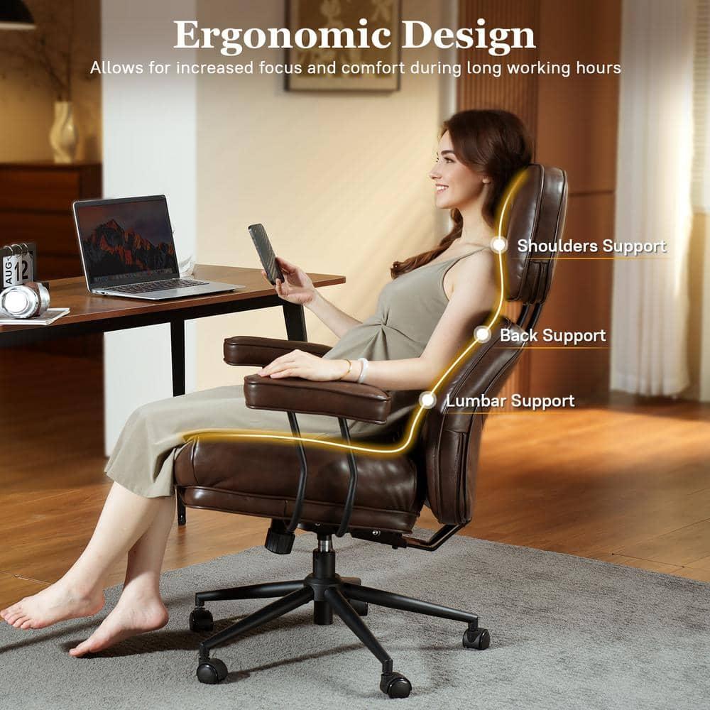 Kro PU Fabric Swivel Ergonomic Office Task Chair in Dark Brown with Recliner High Back Lumbar Support Adjustable Arms
