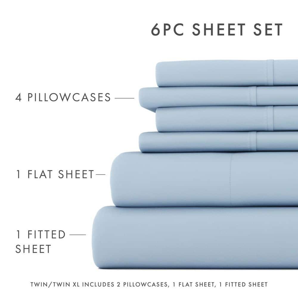 Queen, Light Blue Solid Microfiber 6 Piece Bed Sheet Set, by Noble Linens
