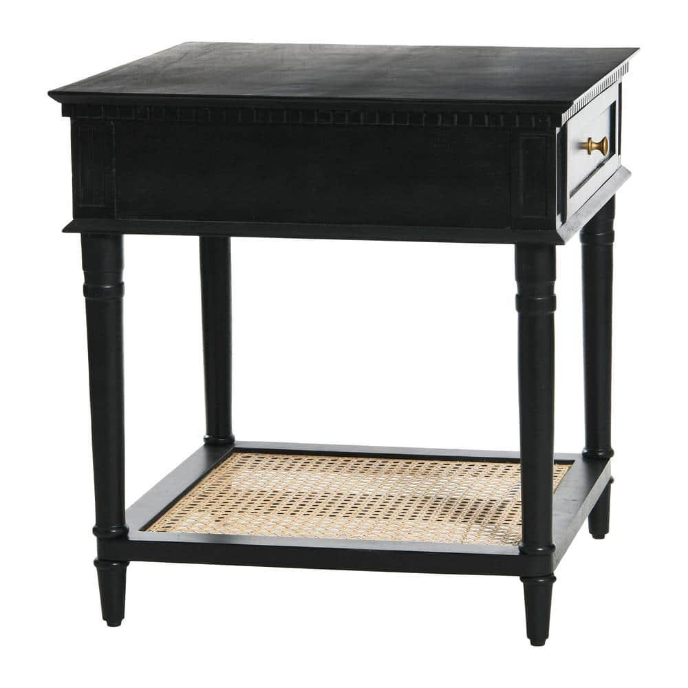 Storied Home Maxwelton End Table Black: Elegant Square Nightstand with Storage Drawer & Cane Shelf