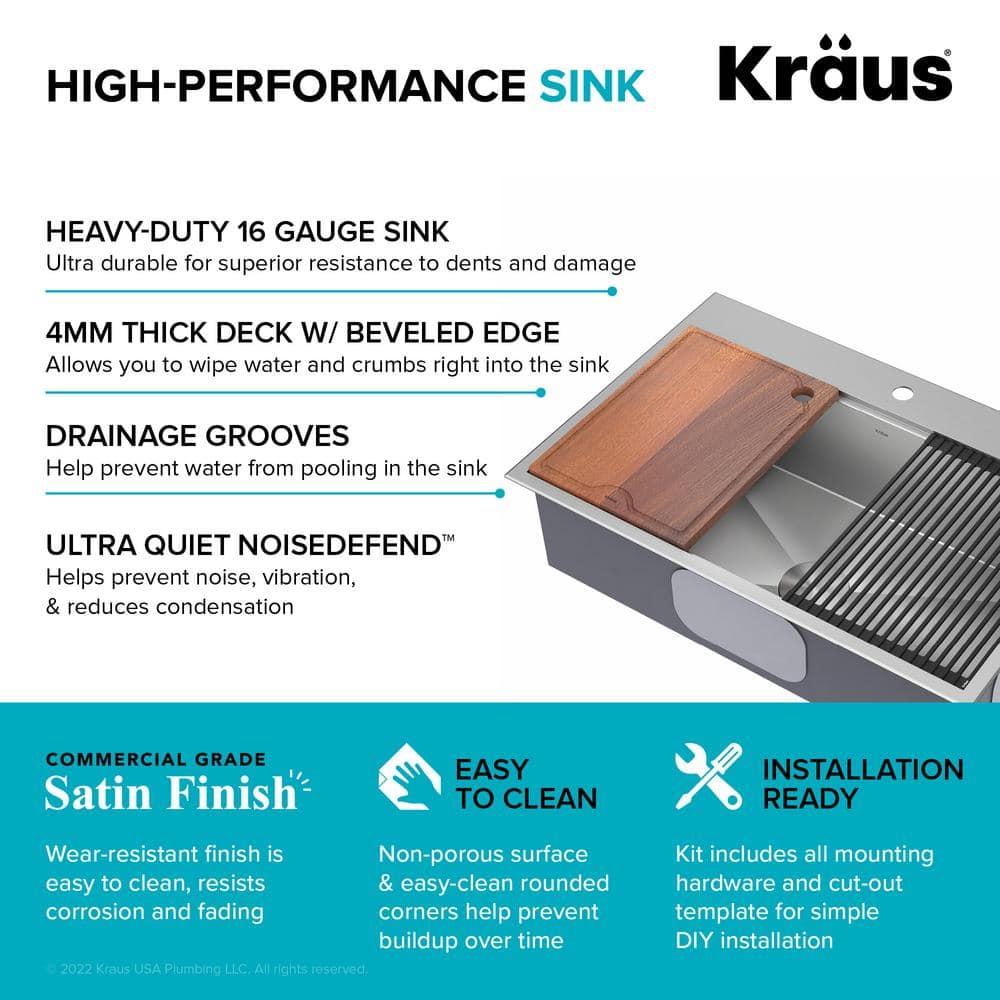 KRAUS Kore Drop-In Workstation 16 Gauge Stainless Steel Single Bowl Kitchen Sink with Accessories