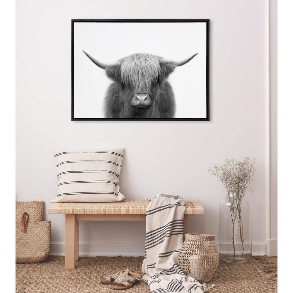 Kate and Laurel Sylvie Hey Dude Highland Cow BW Framed Canvas Wall Art by The Creative Bunch Studio, 28x38 Black, Decorative Farmhouse Animal Art for Wall