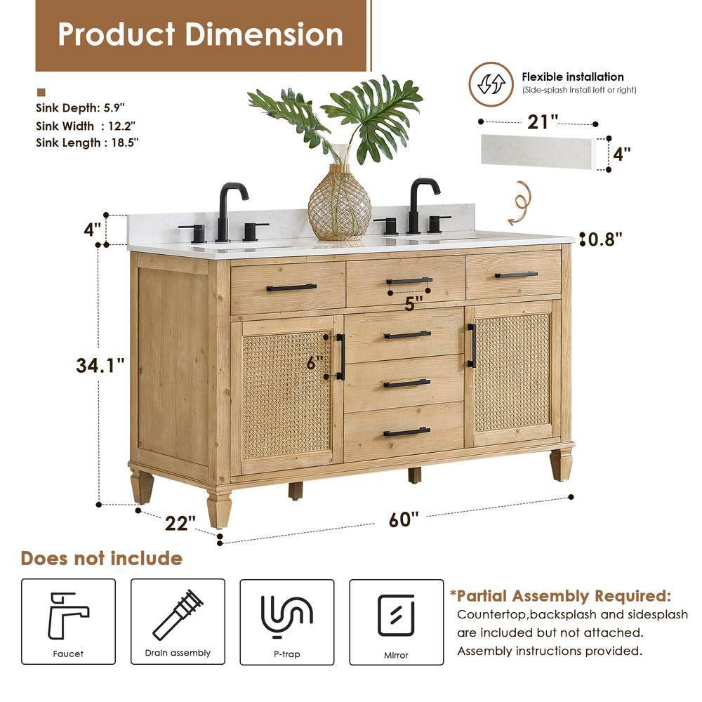 Altair-13 60" Double Bathroom Vanity in with Grain White Engineered Stone Countertop