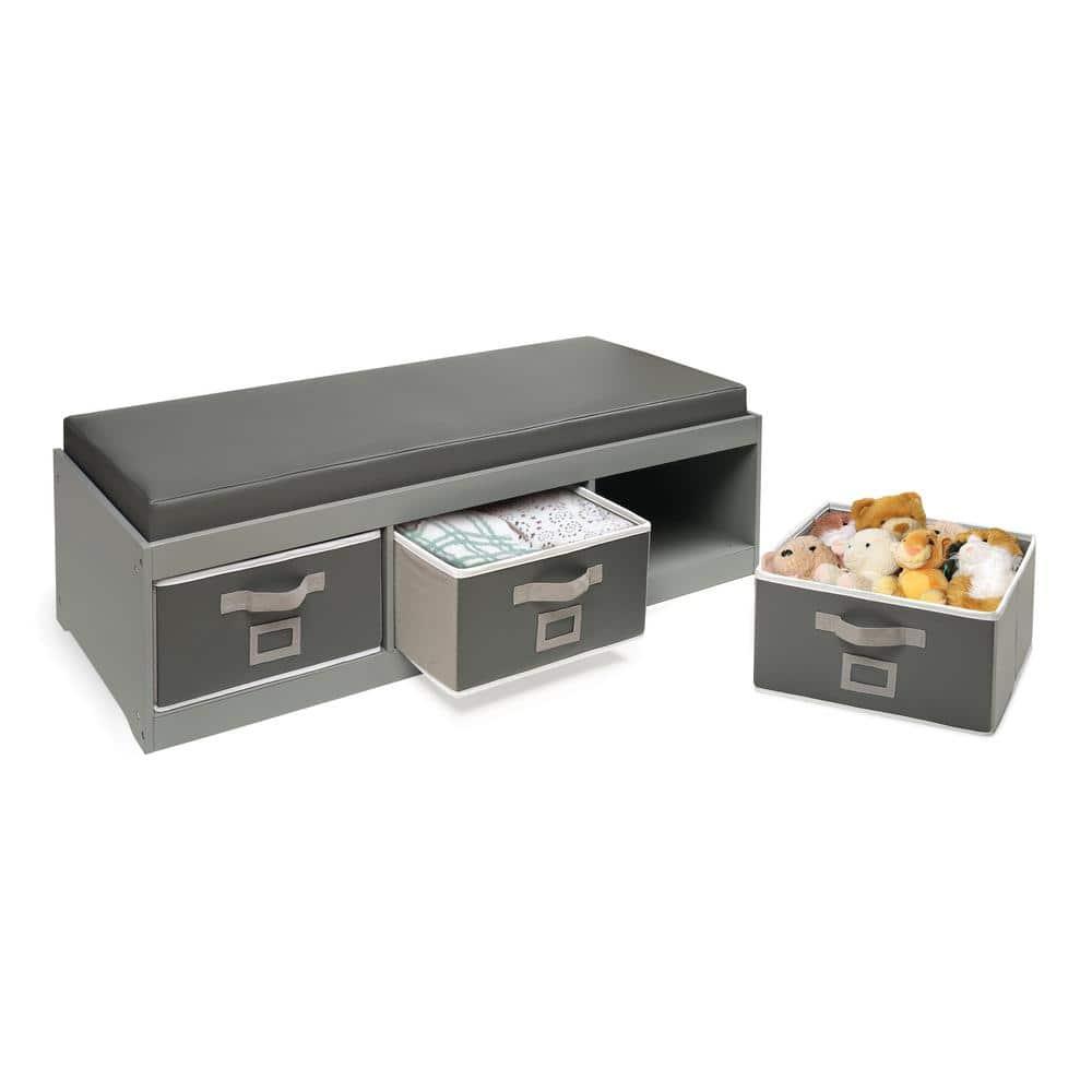 Badger Basket Kid's Storage Bench with Cushion and Three Bins - Gray