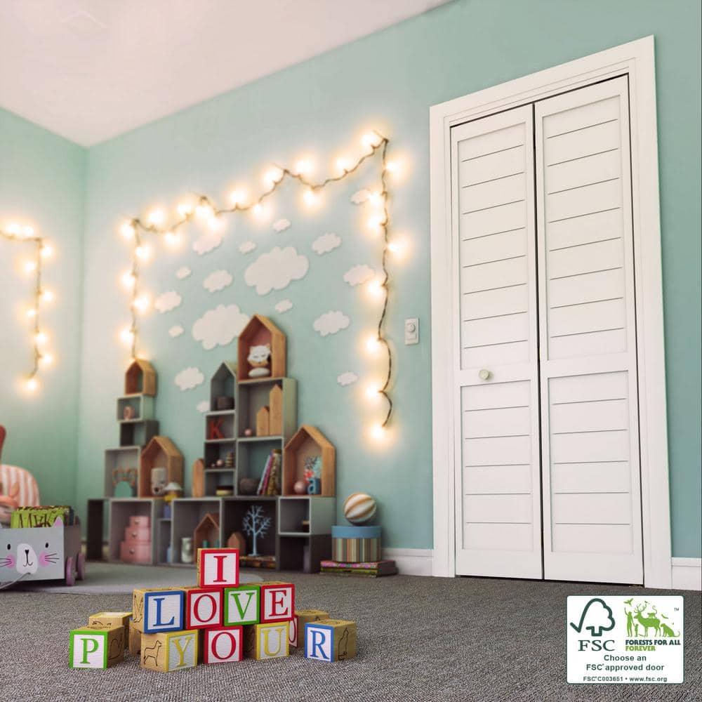 EightDoors 80-in Louvered Wood Finished Painted Flat Bi-Fold Door