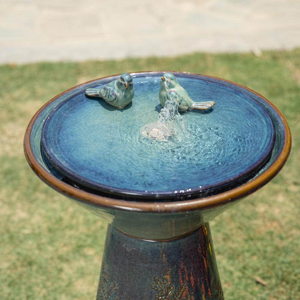 Glitzhome 27.5" Fountain with Pump and LED Light Embossed Pedestal Ceramic Bird Bath, Turquoise