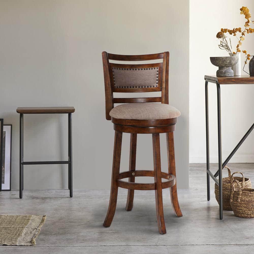 Curved Swivel Barstool with Fabric Padded Seating Brown and Beige - Saltoro Sherpi