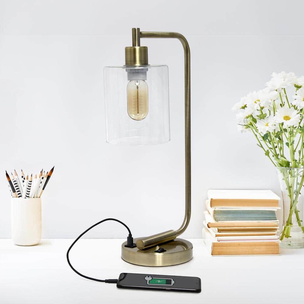 Modern Iron Desk Lamp with USB Port and Glass Shade Antique Brass Finish - Lalia Home: ETL Listed, No Assembly, Edison Bulb Compatible
