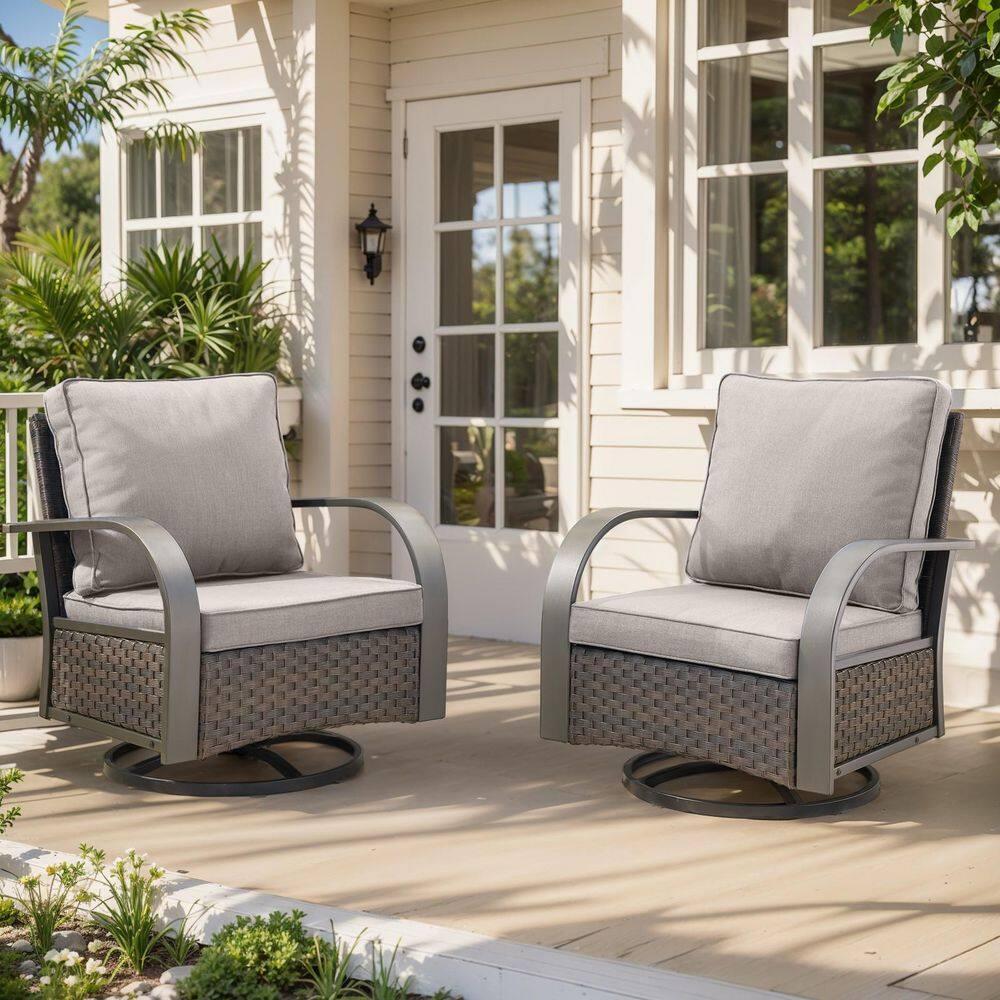 POCASSY 5PCS Outdoor Patio Furniture Set All-Weather Wicker Couch with Patio Swivel Rocking Outdoor Chairs and Multi-Functional Ottomans, Patio Conversation Set for Backyard Garden Balcony, Beige
