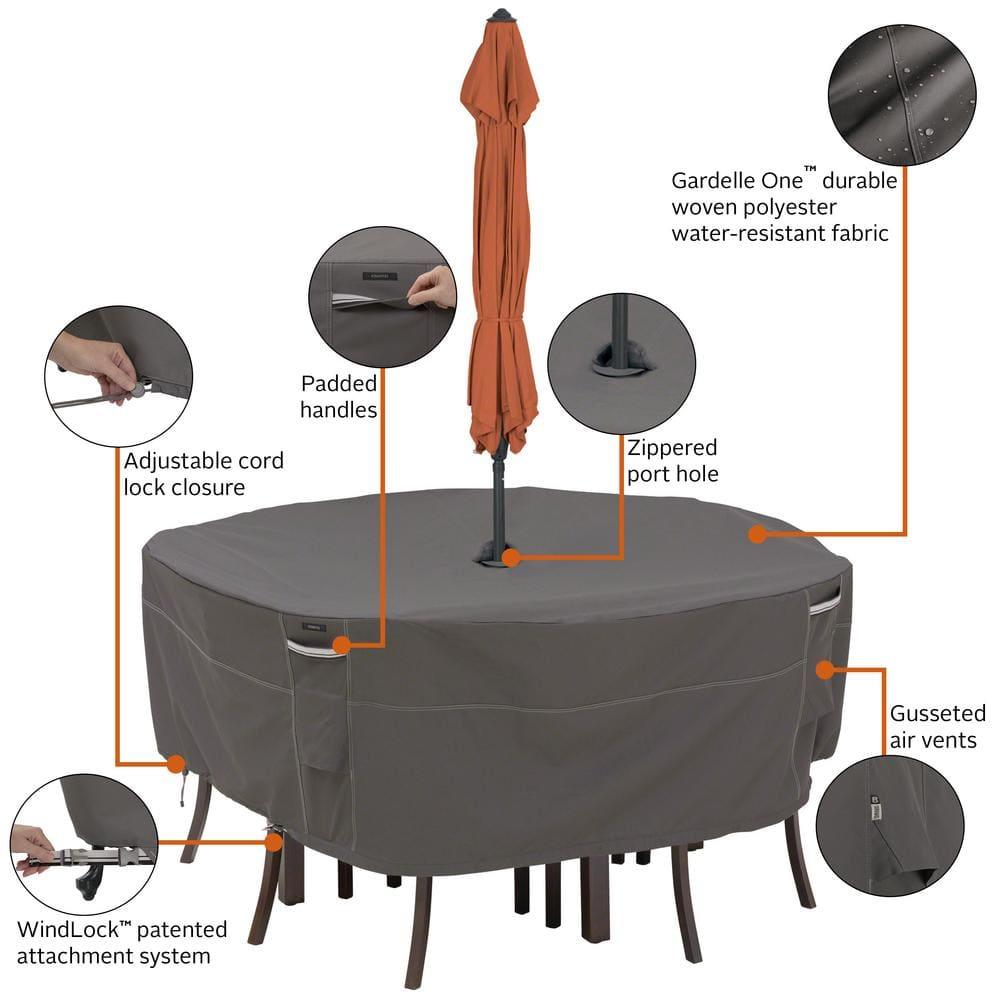Classic Accessories Ravenna® Round Patio Table & Chair Set Cover with Umbrella Hole - Premium Outdoor Furniture Cover with Water Resistant Fabric, Small (55-800-025101-EC)
