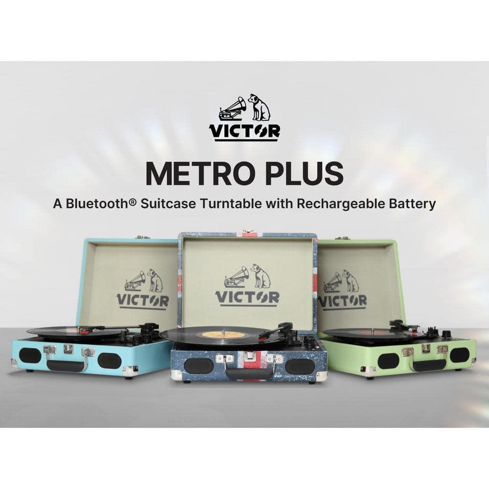 Victor Metro Plus Battery-Powered Bluetooth Suitcase Turntable | 3-Speed Vinyl Record Player with Built-in Stereo Speakers, Rechargeable Battery, RCA Output, Aux Input, and 45 RPM Adaptor, VSRP-850B