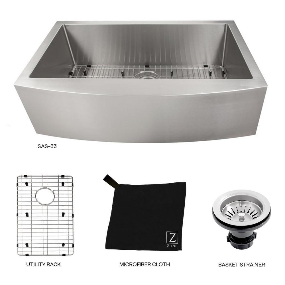 ZLINE 33 in. Vail Farmhouse Apron Mount Single Bowl Stainless Steel Kitchen Sink W/ Bottom Grid (SAS-33)