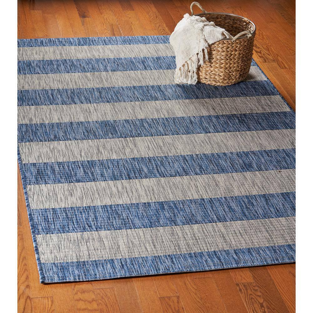 LR Home Camila 5' x 7', Gray/Blue Stripe Fade, Stain, and Moisture Resistant Indoor/Outdoor Area Rug