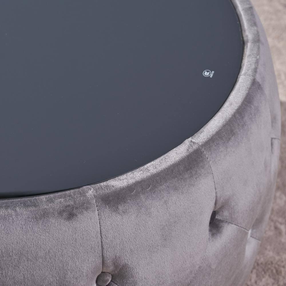 Noble House Merna Glam Velvet and Tempered Glass Ottoman Coffee Table, Smoke