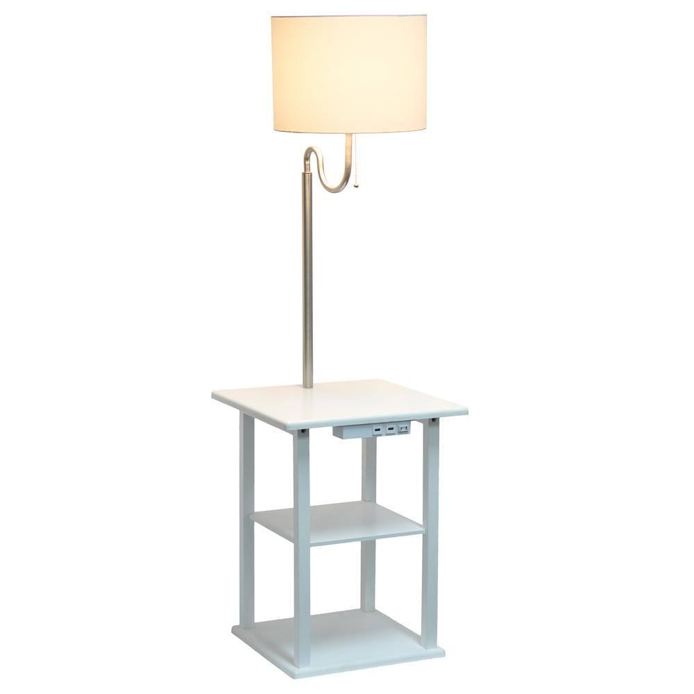 57 in. Modern 2 Tier End Table & White Drum Fabric Shade Floor Lamp with 2 x USB Charging Ports & Power Outlet, White