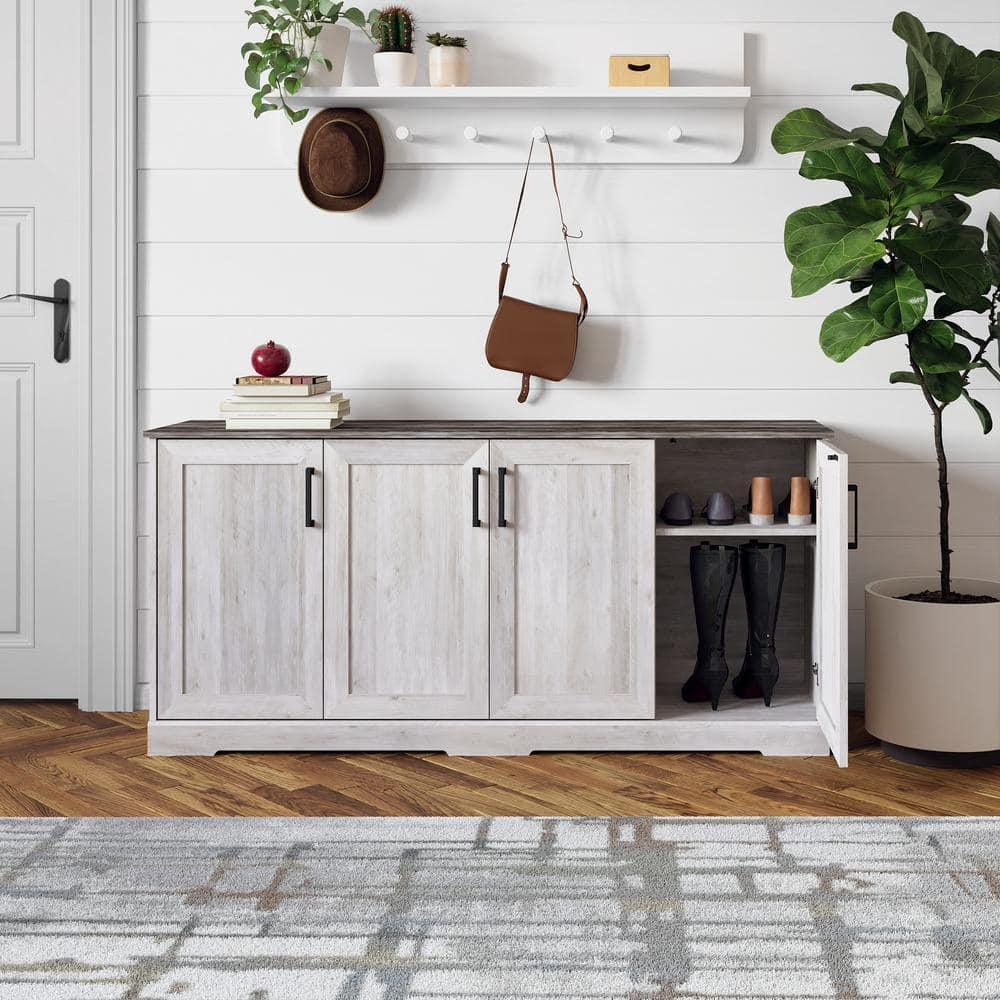 Prepac Rustic Ridge 4 Door Console Table with Storage, Washed White Storage Cabinet with Doors and Shelves, Sideboard Storage Cabinet 66" W x 31.75" H x 16" D, ACBG-1620-1
