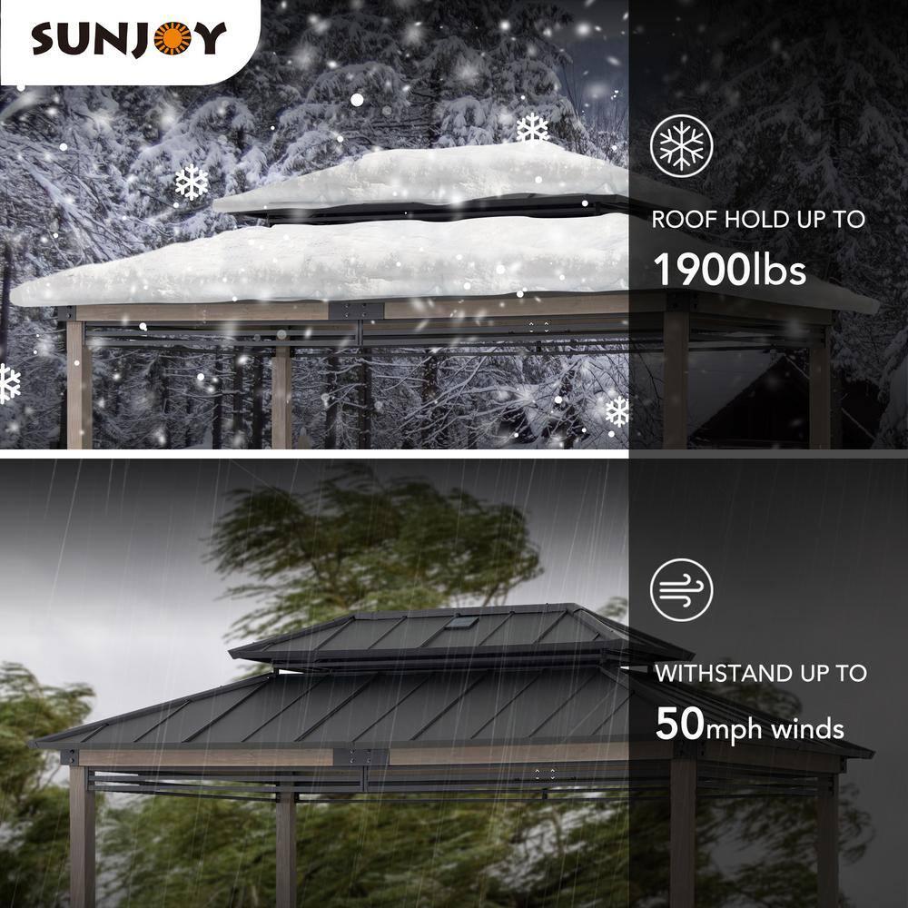 Sunjoy Sunjoy Wooden Grill Gazebo with Solar Power, 8 x 12 ft. Hardtop Gazebo for Year-Round Grilling, Outdoor Cedar Frame Cooking Shelter with Decorative Fence for Backyard BBQs Party