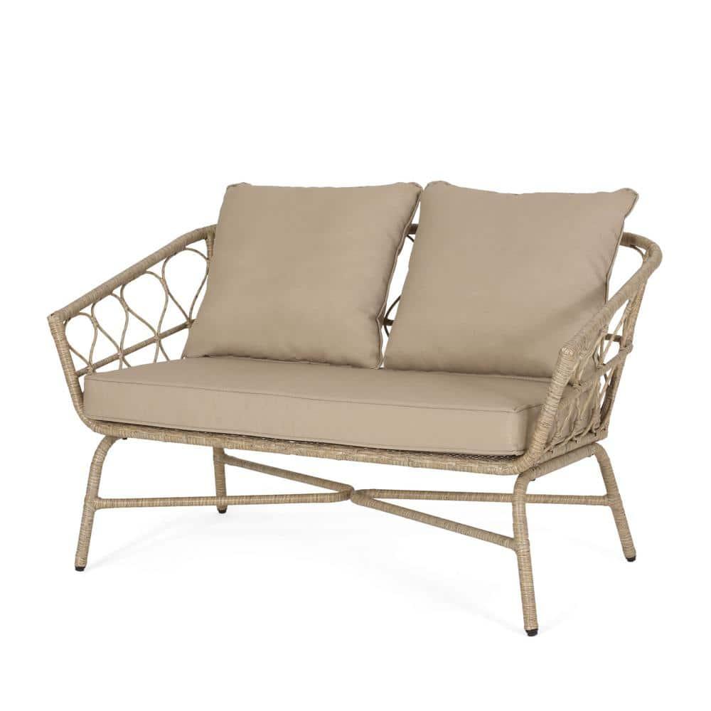 Montserrat Wicker Outdoor Loveseat with Cushions, Light Brown and Beige