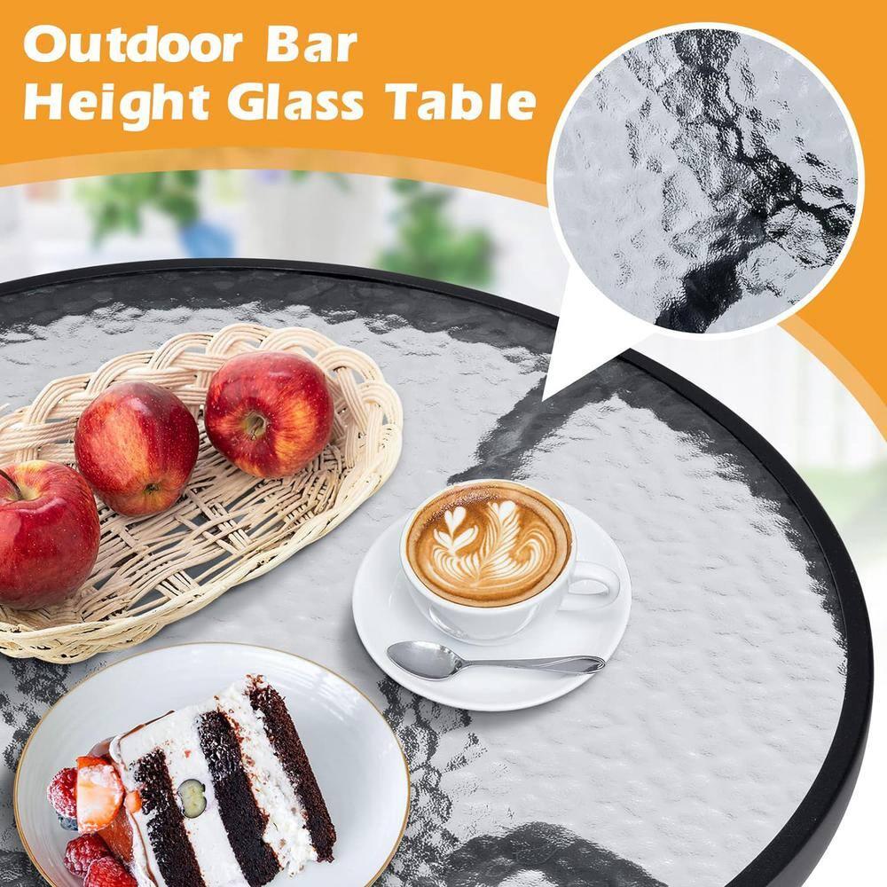 Bar Height Patio Glass Table, 2-Tier High Top Outdoor Metal All-Weather Round Bistro Table With Tempered Glass Top for Balcony Backyard Pool, Black