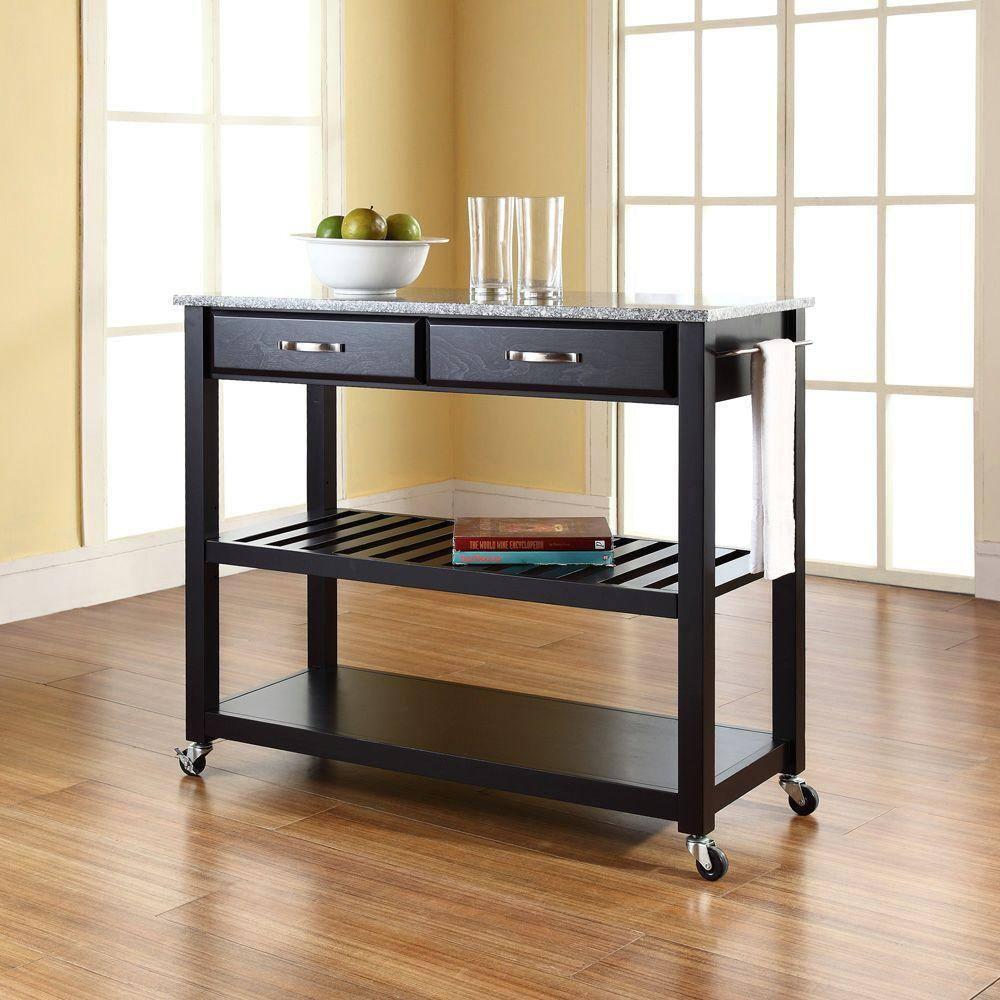 Solid Granite Top Kitchen Cart/Island with Optional Stool Storage - Black - Crosley: Wheeled with Storage Shelves