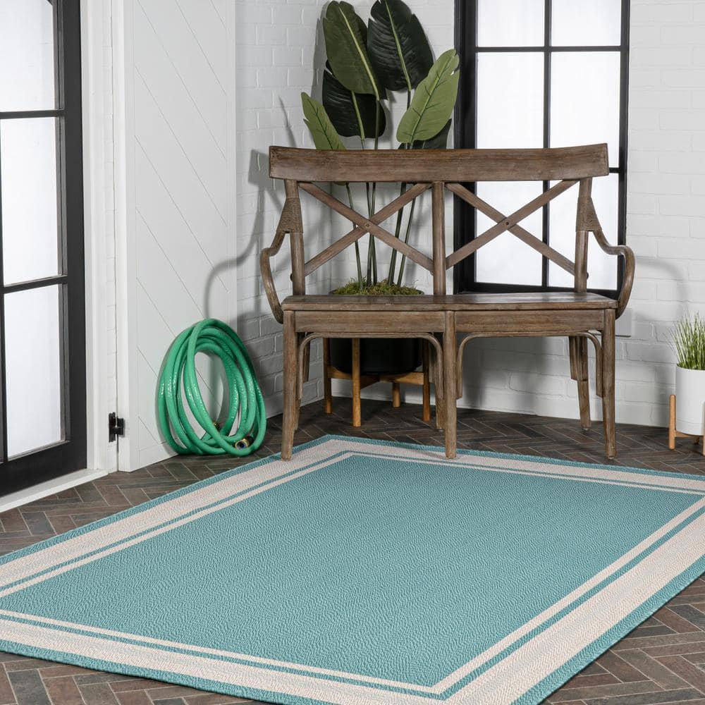 3' x 5' James Modern Border Stripe Indoor/Outdoor Area Rug, Aqua/Beige - JONATHAN Y
