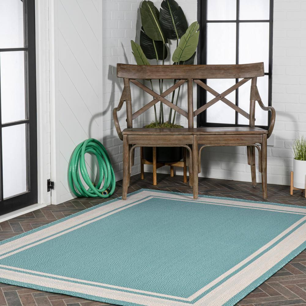 5' x 8' James Modern Border Stripe Indoor/Outdoor Area Rug, Aqua/Beige - JONATHAN Y