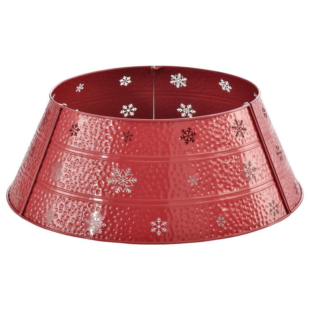 HOMCOM Christmas Tree Collar Steel Tree Ring Skirt, Home Xmas Decoration with Snowflake Engraving, 26" Base, Red