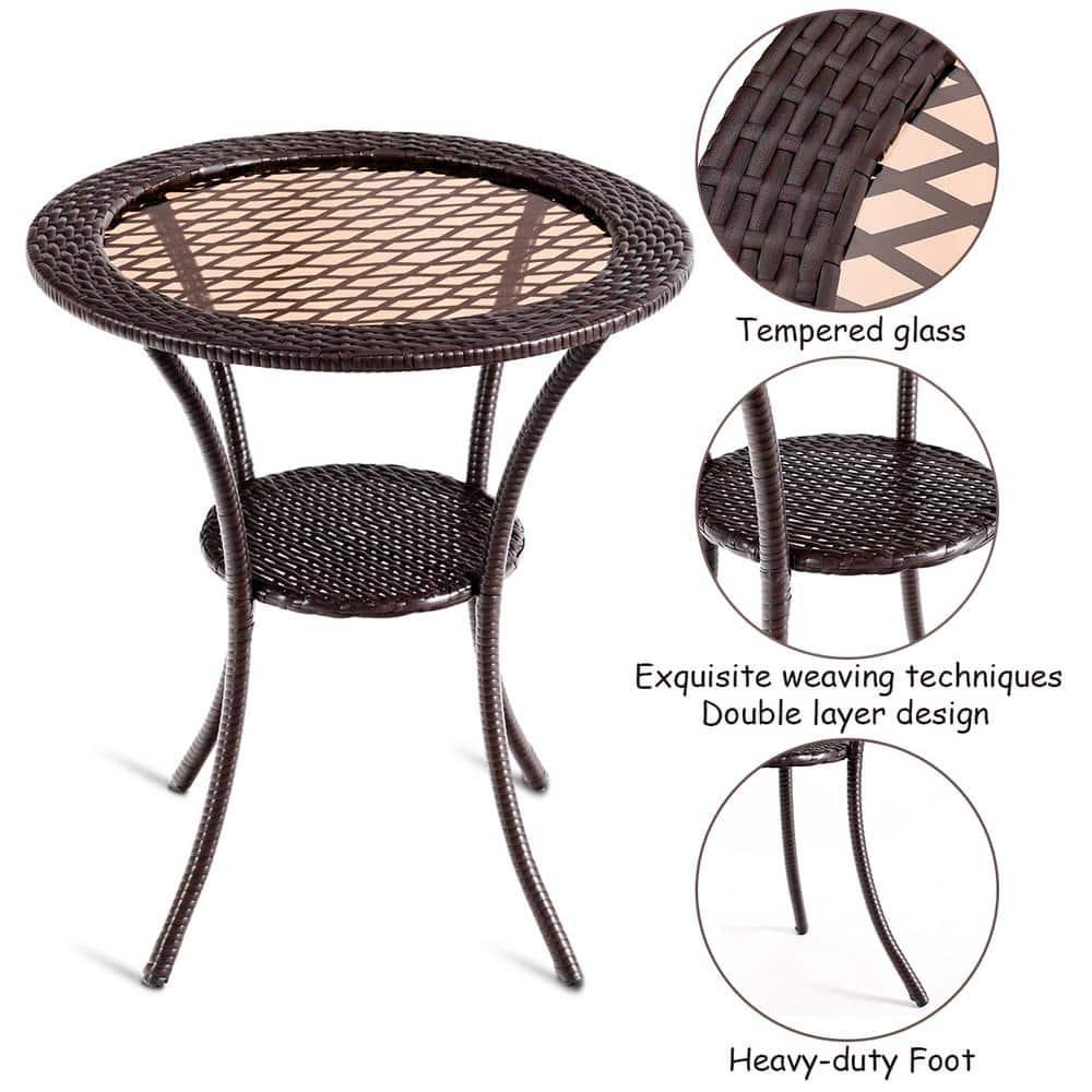 Tangkula Outdoor Side Table with Storage PE Wicker Patio Bistro Table with Tempered Glass Tabletop