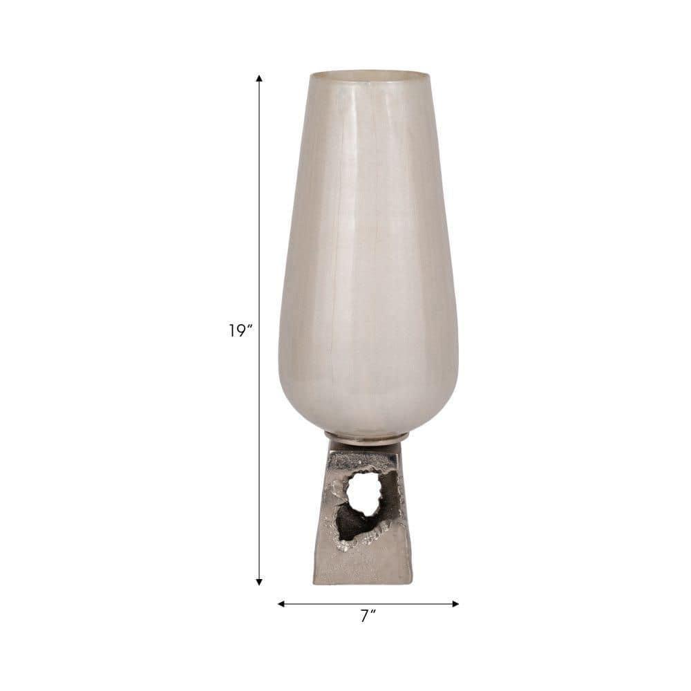 Glass, 19"h Vase with  Metal Base, Pearl White