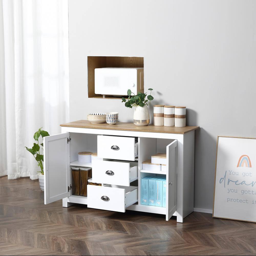 HOMCOM Kitchen Sideboard with Adjustable Shelves, Dining Buffet Cabinet with 3 Storage Drawers, White