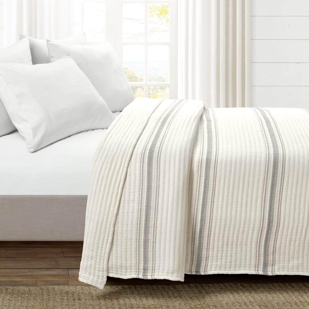 Full/Queen Farmhouse Stripe Kantha Pick Sti Thread Counth Yarn Dyed Woven Single Quilt/Coverlet Gray - Lush Décor