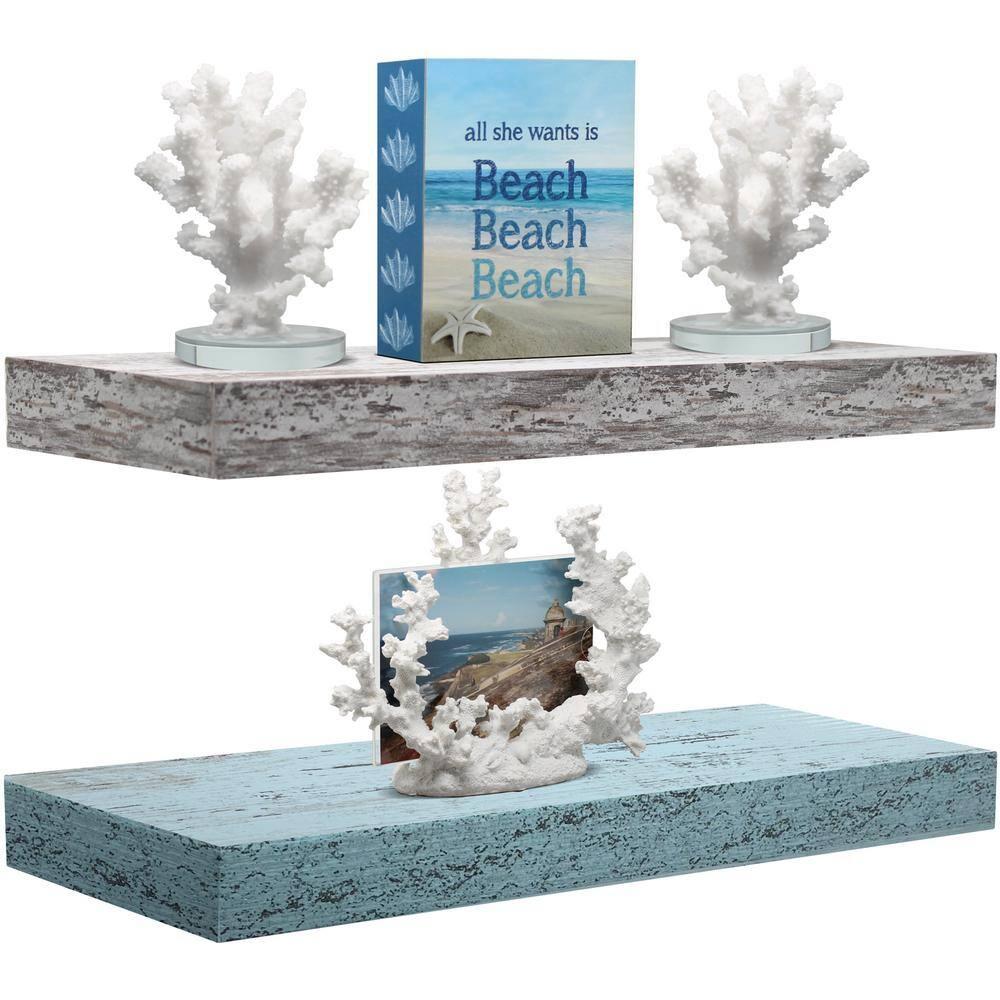2 Pack 16 Inch Sorbus Coastal Rectangle Floating Shelves - for Home Décor to Display Trophies, Books, Frames, and more (Rustic Blue Gray)