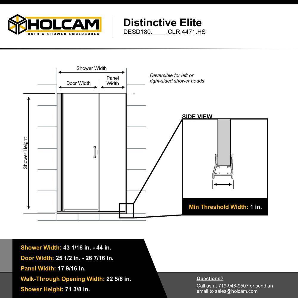 Holcam DESD180.BNK.CLR.4471.HS Distinctive Elite 43.06" W x 71.38" H Hinged Semi-Frameless Shower Door