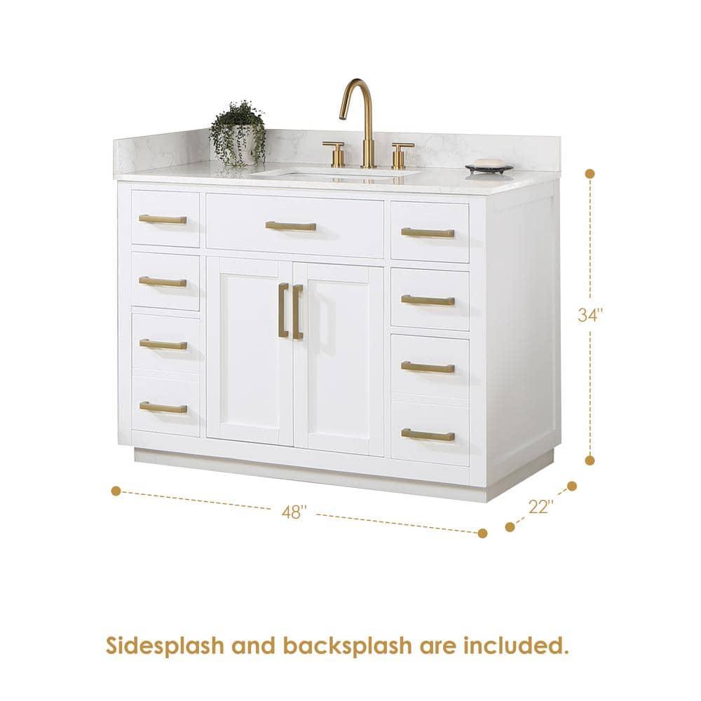 Gavino 48" Wood Vanity in White with Grain White Composite Stone Top and Mirror