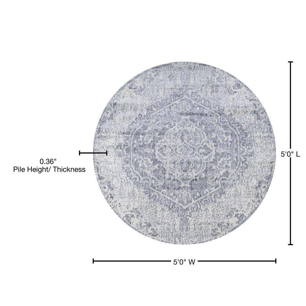 5' Round Modern Persian Vintage Medallion Area Rug, Gray/Ivory - JONATHAN Y