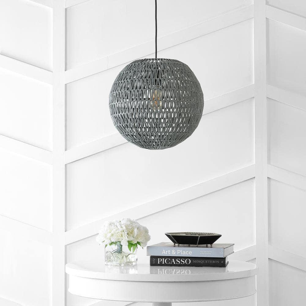 Luna 15.75" 1-Light Bohemian Modern Woven Rattan/Iron LED Pendant, Grey/Black