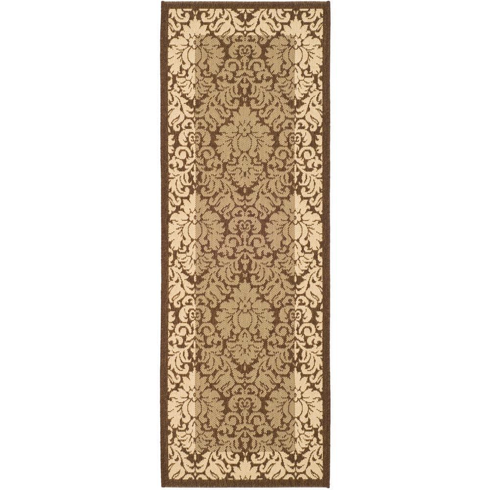 SAFAVIEH Courtyard Dani Damask Bordered Indoor/Outdoor Runner Rug, 2'3" x 6'7", Brown/Natural